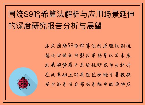 围绕S9哈希算法解析与应用场景延伸的深度研究报告分析与展望
